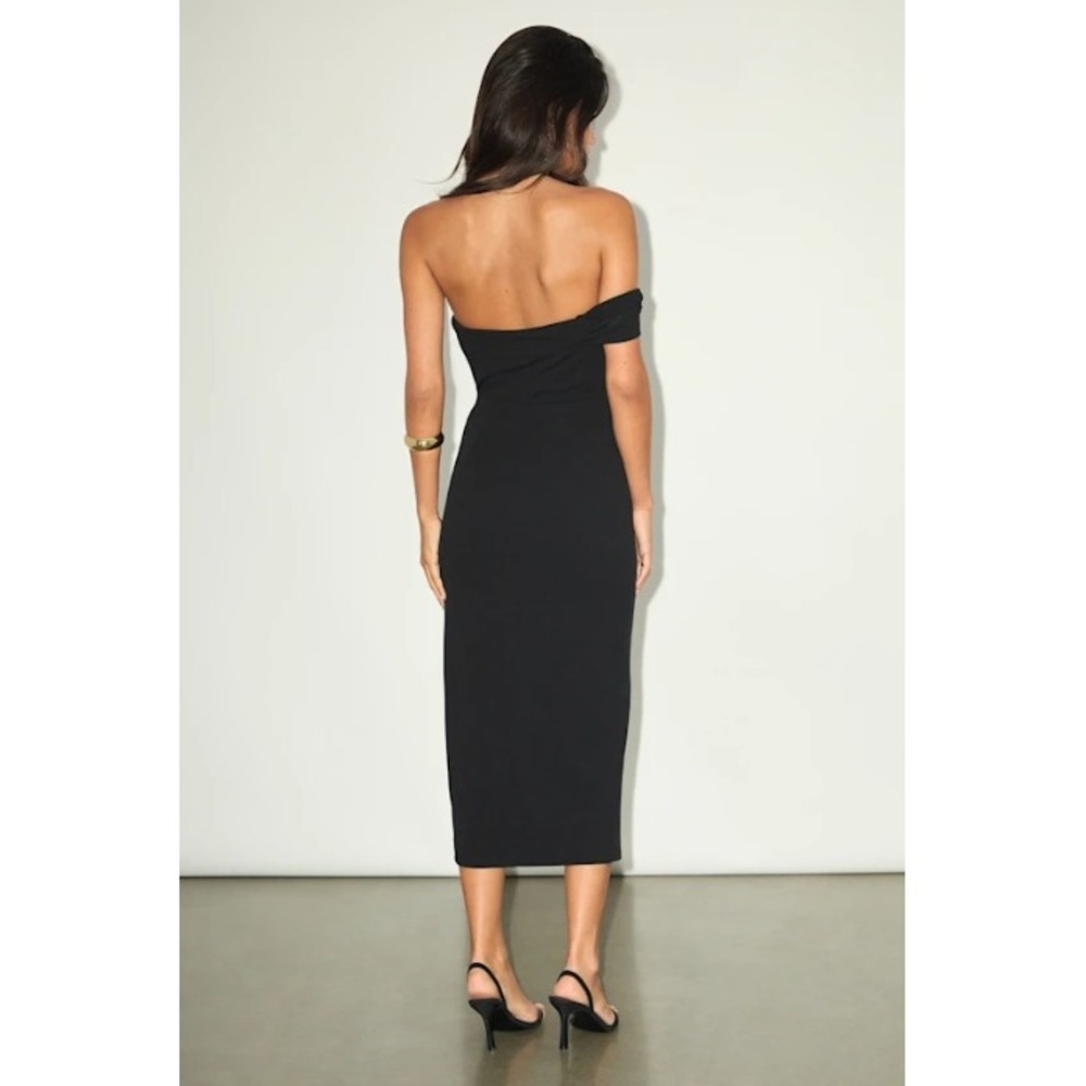 Lulus Black One Shoulder Bodycon Midi Dress‎ Asymmetric Slit Small NWT - Picture 3 of 9